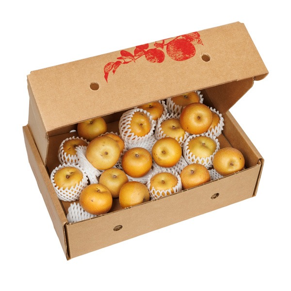 brown box of fresh, small asian pears